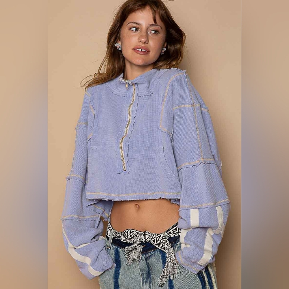 POL Evening Blue Distressed Cropped Half Zip Up Lightweight Sweater